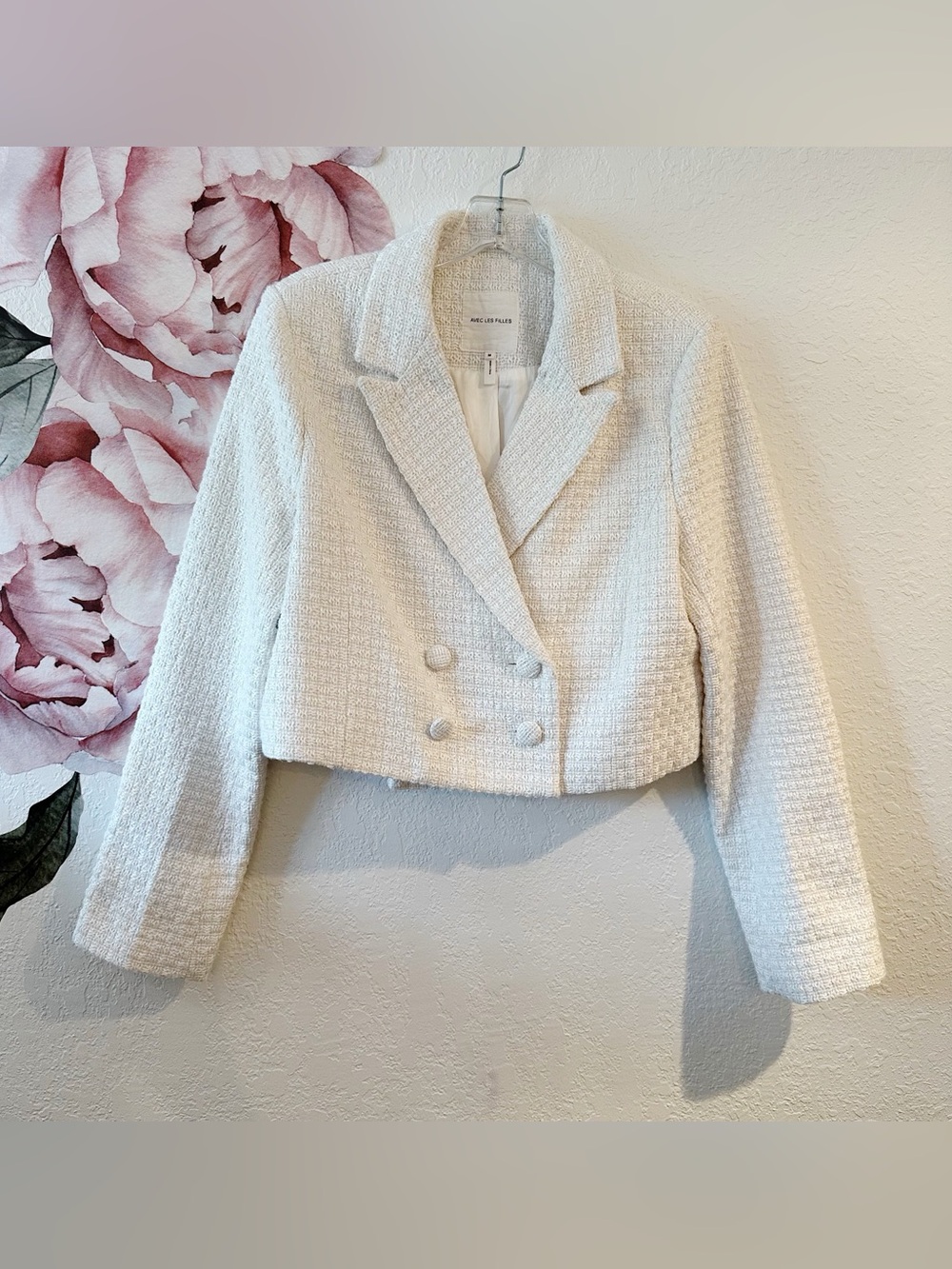 Avec Les Filles Ivory White Boycle Tweet Double Breasted Blazer Medium - Picture 9 of 12